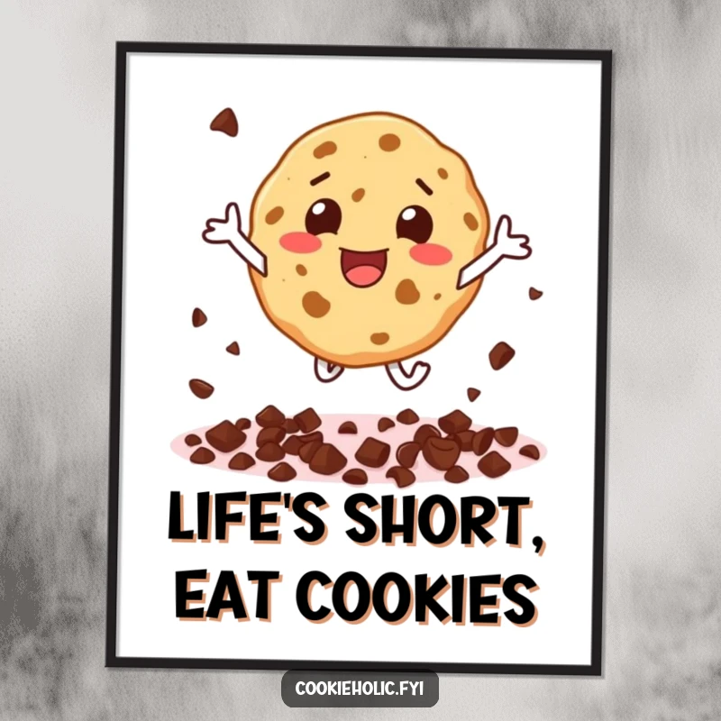 Funny Free Printable Wall Art: Cookie Character in Mid-Air Leap, Showering Tiny Chocolate Chips Happily