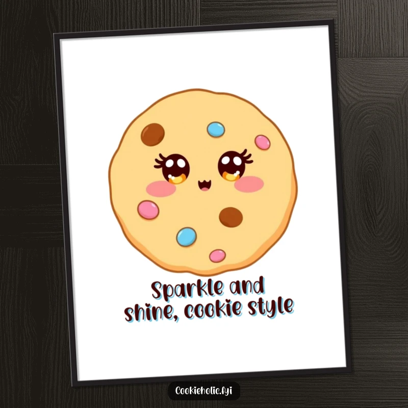 Funny Free Printable Wall Art: A kawaii cookie character with eyes sparkling like festive candy decorations.