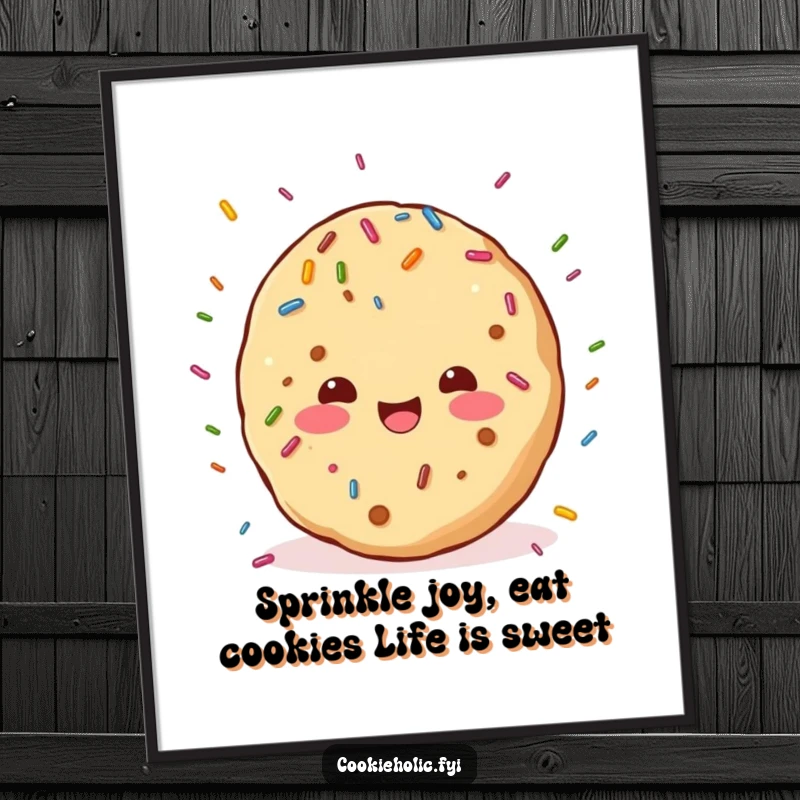 Funny Free Printable Wall Art: A kawaii cookie joyfully showers down colorful sprinkles creating a happy scene.