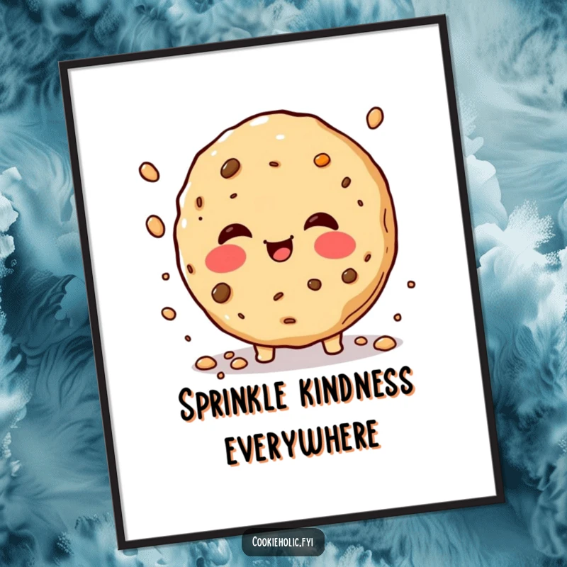 Funny Free Printable Wall Art of a Cookie with Rosy Cheeks Joyfully Sprinkling Cookie Crumbs
