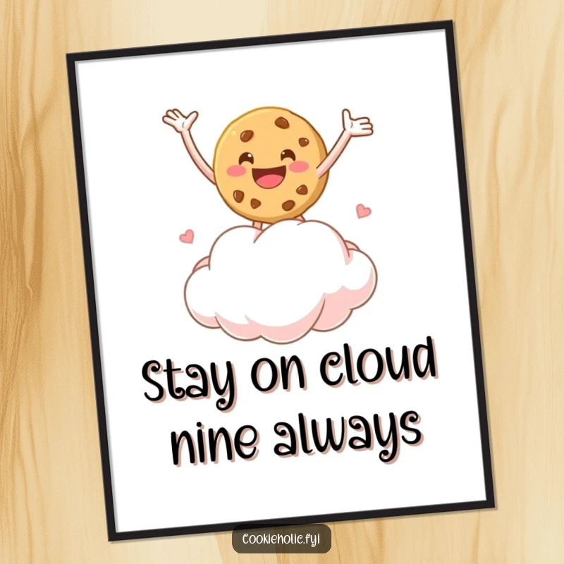 Funny Free Printable Wall Art: A cookie character joyfully bouncing on a marshmallow cloud, arms outstretched in pure glee, art.