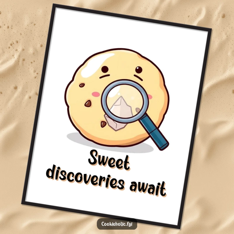 Funny Free Printable Wall Art of a cookie character using a magnifying glass to meticulously inspect a tiny sugar crystal.