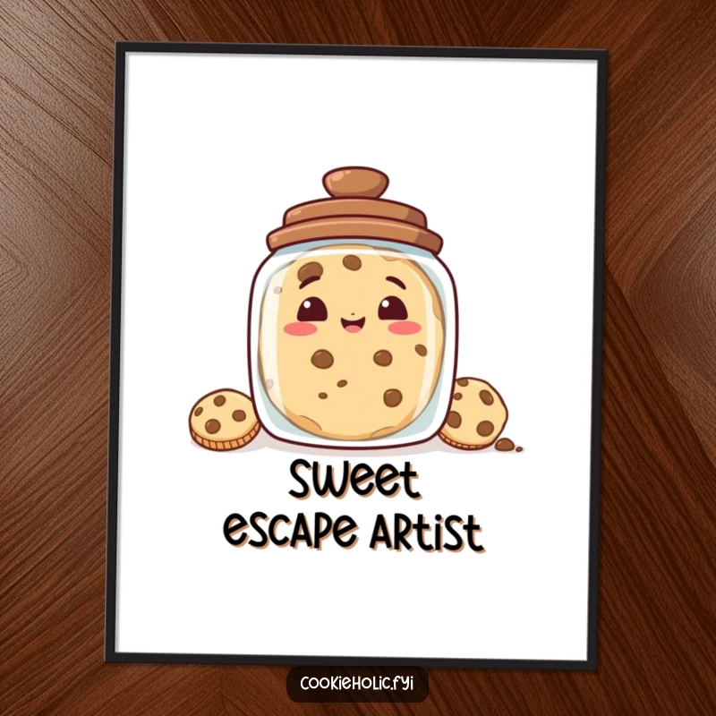 Funny Free Printable Wall Art featuring a cookie with a mischievous grin peeking from behind a cookie jar, adding humor to decor.