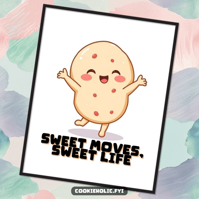 Funny Free Printable Wall Art: Delighted sugar cookie performing a small, energetic, happy dance, whimsical baking art