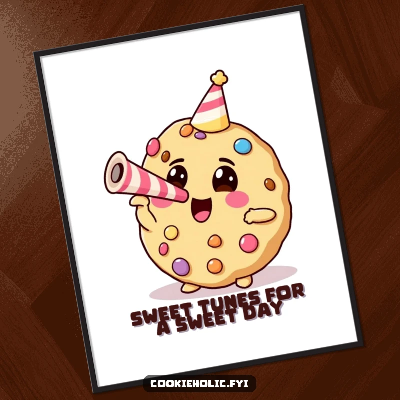 Funny free printable wall art depicting a candy-decorated cookie enthusiastically blowing a party horn, radiating festive vibes.