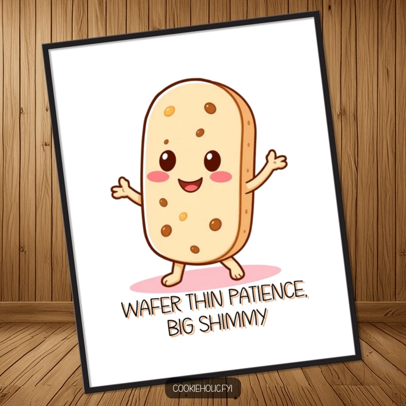 Funny Free Printable wall art of a delightful Kawaii wafer cookie character smiling and doing a fun little shimmy.
