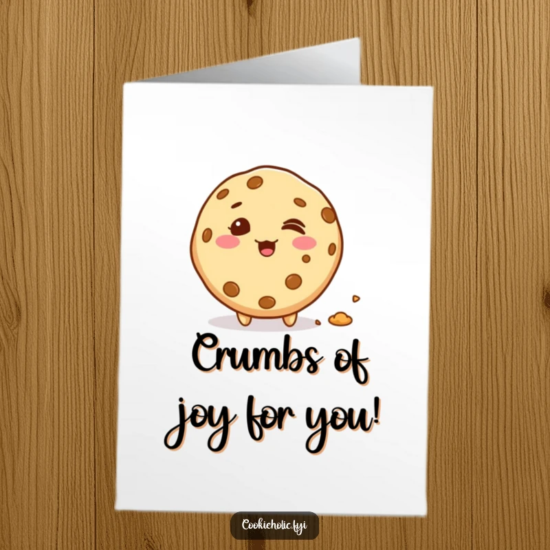 Funny Free Printable Birthday Card: Giggling kawaii cookie character leaving a trail of crumbs, embodying playful birthday fun.