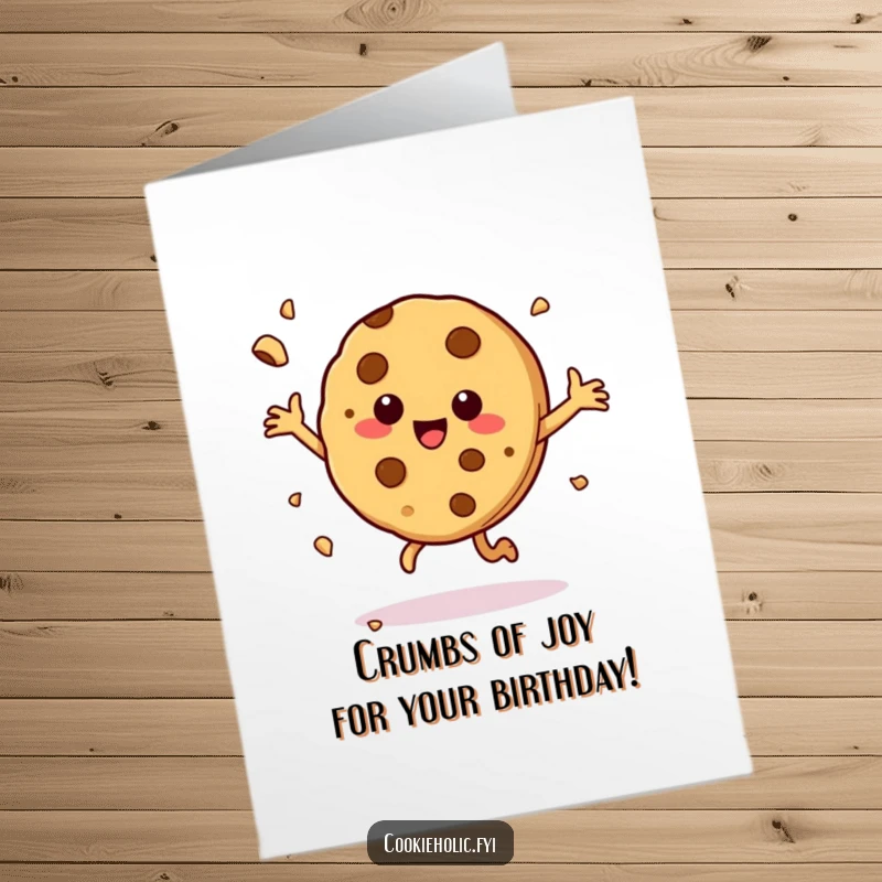 Funny free printable birthday card featuring a cookie character joyfully dancing with crumbs flying, spreading cheer.
