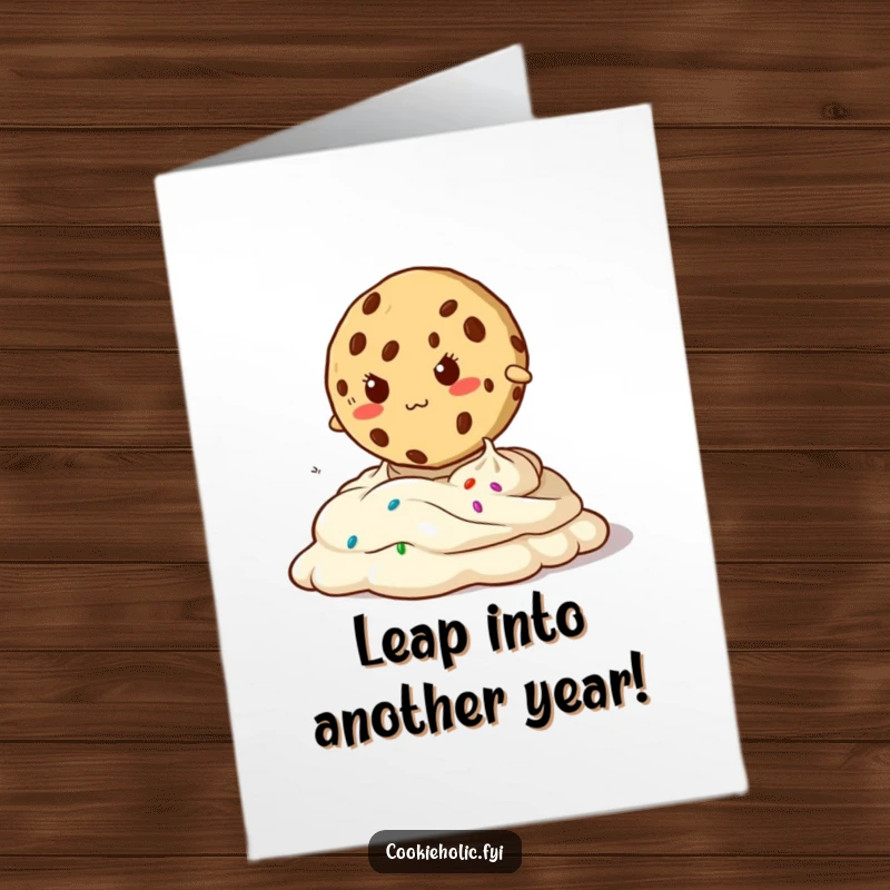 Funny Free Printable Birthday Card showing a determined cookie mid-air, attempting to jump over a puddle of oozy frosting.