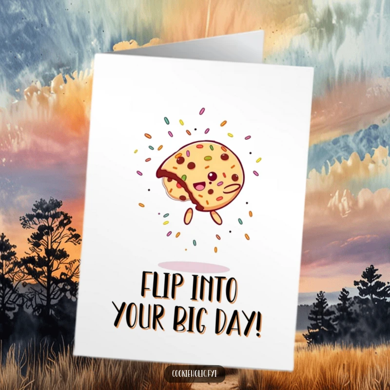 Funny Free Printable Birthday Card: A cookie performs a thrilling acrobatic flip with colorful sprinkles erupting outwards in a festive shower.