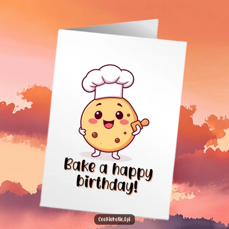 Funny Free Printable Birthday Card: Happy cookie in chef hat holds rolling pin, ready to bake birthday treats with joy.