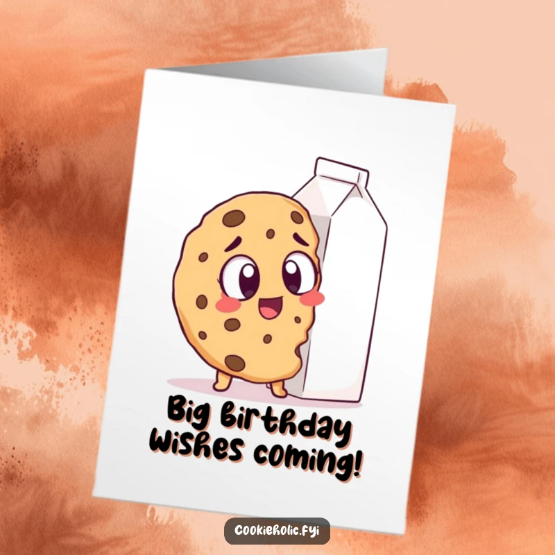 Funny Free Printable Birthday Card: A cookie with huge, excited eyes stares longingly at an enormous carton of milk, dreaming of a dunk.