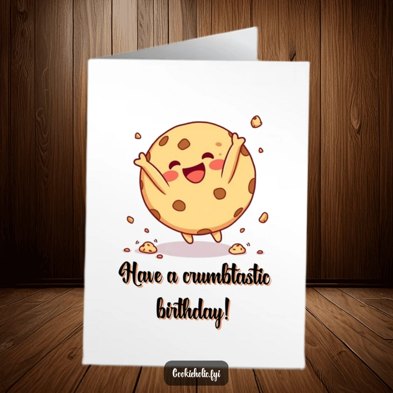 Funny Free Printable Birthday Card: Round cookie character doing a happy somersault with crumbs flying, a celebratory gift.