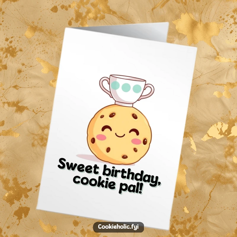 Funny Free Printable Birthday Card: a smiling cookie gracefully balancing a tiny teacup on its frosting smile.