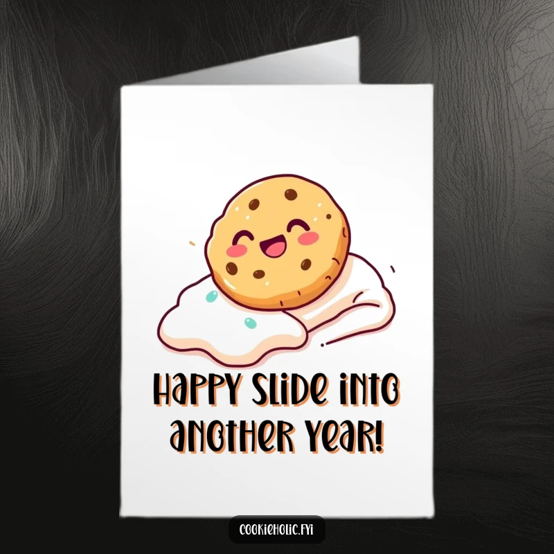 Funny Free Printable Birthday Card showing a cookie gleefully sliding down a smooth, sweet frosting slope.