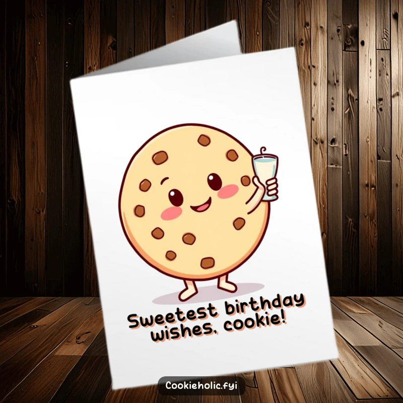 Funny Free Printable Birthday Card: Round, happy cookie character dances with milk glass, smiling. Sweet downloadable art.