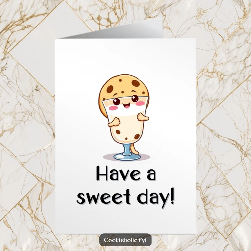 Funny Free Printable Birthday Card: Cheerful kawaii cookie character happily dancing around a glass of milk, celebrating a birthday.