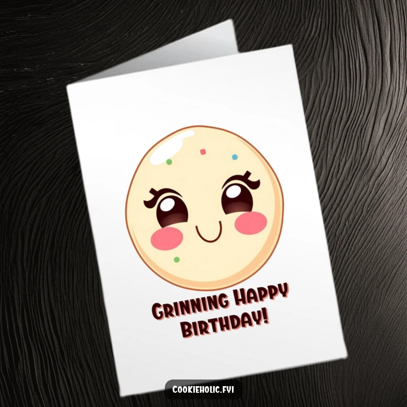 Funny Free Printable Birthday Card: Kawaii sugar cookie character showing a wide, absolutely delighted grin for a birthday celebration.