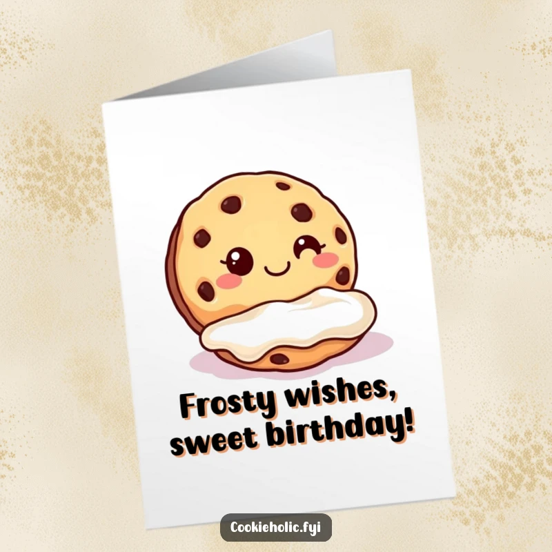 Funny Free Printable Birthday Card: A cookie with a wide grin joyfully dunking itself into a luscious pool of frosting.