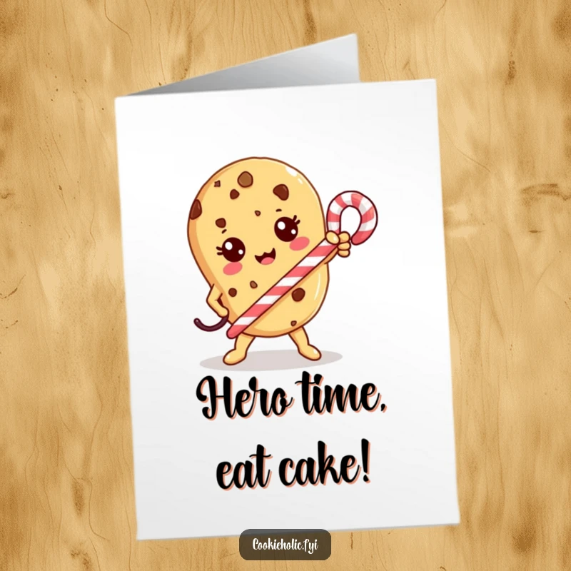 Funny Free Printable Birthday Card: A Kawaii cookie character striking a brave, heroic pose holding a striped candy cane.