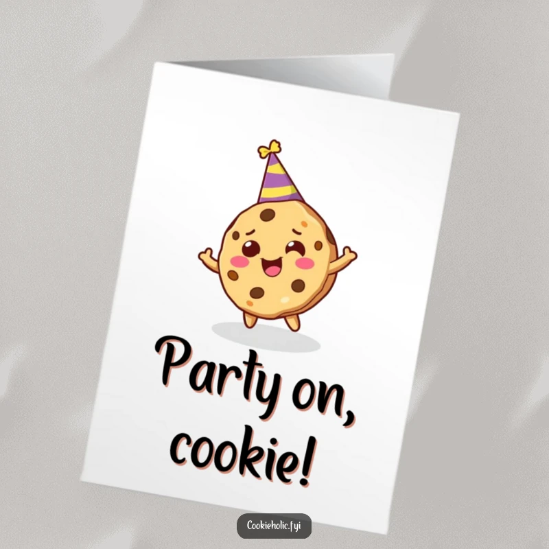 Funny Free Printable Birthday Card: Cookie Character Wearing a Party Hat, Spinning Around in Ecstatic Celebration