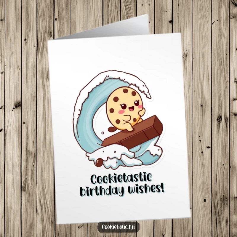 Funny free printable birthday card of a kawaii cookie character joyfully riding a giant chocolate chip like a surfing wave.