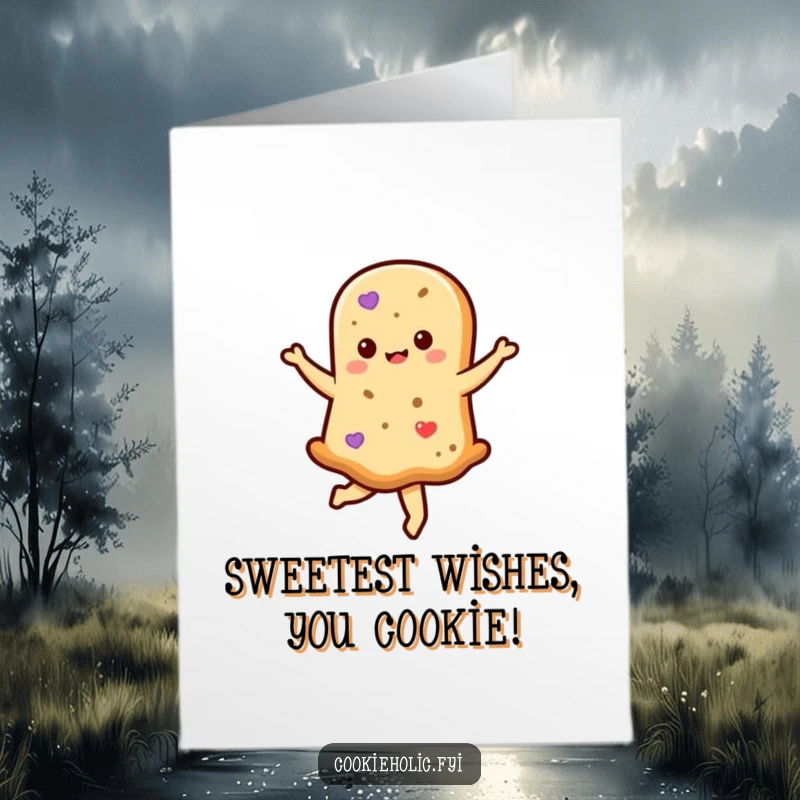 Funny Free Printable Birthday Card: Kawaii shortbread cookie character gracefully twirling with joy, a sweet and delightful design.