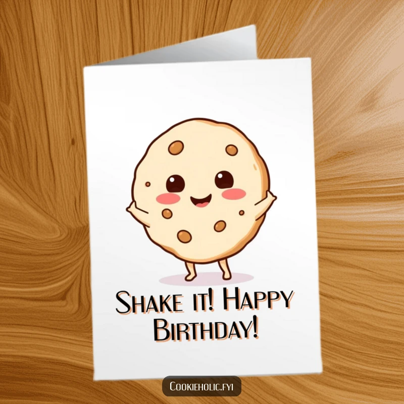 Funny free printable birthday card with a happy cookie doing a little shimmy, capturing pure joy and celebration.