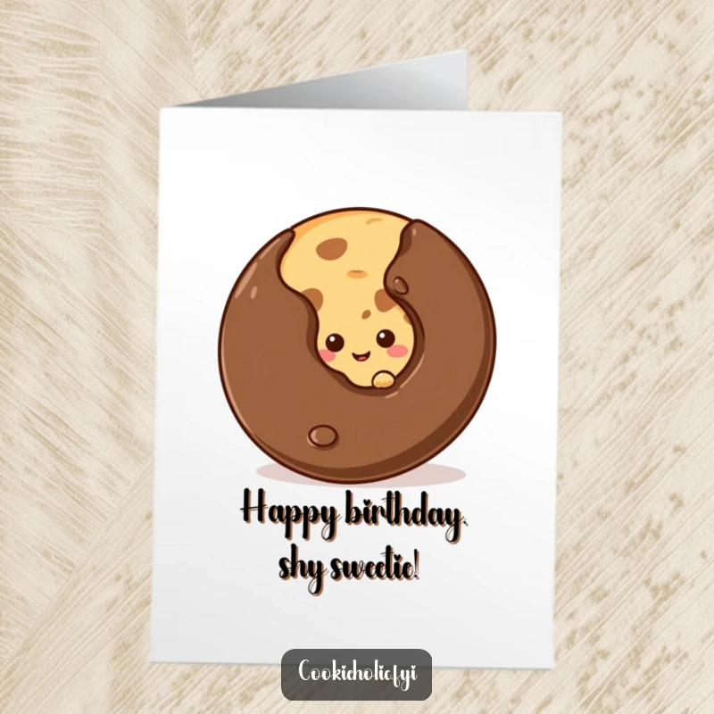 Funny Free Printable Birthday Card: a shy cookie peeking from behind a giant chocolate chip with a sweet, small smile.