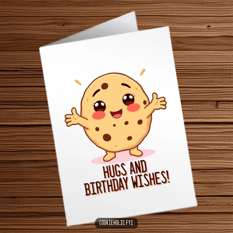 Funny Free Printable Birthday Card featuring a cookie character striking a goofy pose with arms flung wide in excitement.