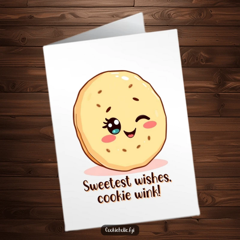 Funny Free Printable birthday card with a cute Kawaii shortbread cookie character winking playfully with a sprinkle eye.