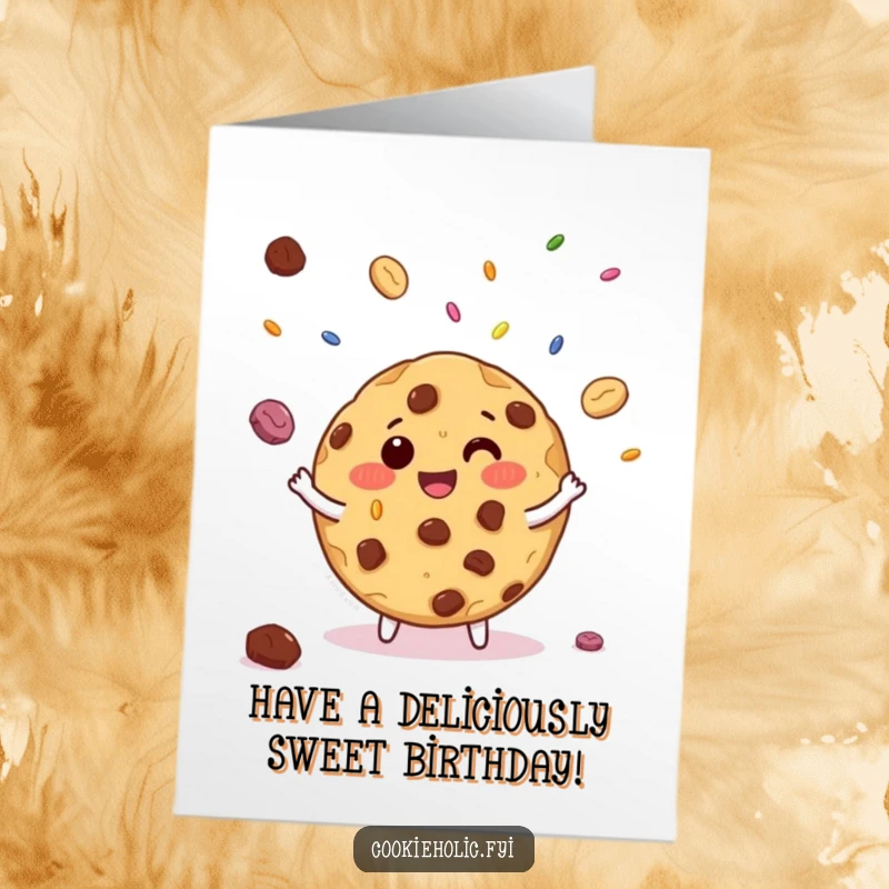 Funny Free Printable Birthday Card: Giggling chocolate chip cookie skillfully juggling tiny colorful candy sprinkles, festive fun