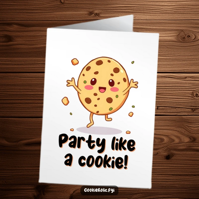 Funny Free Printable Birthday Card: Cookie character performs a silly jig with crumbs flying, celebrating joyfully.