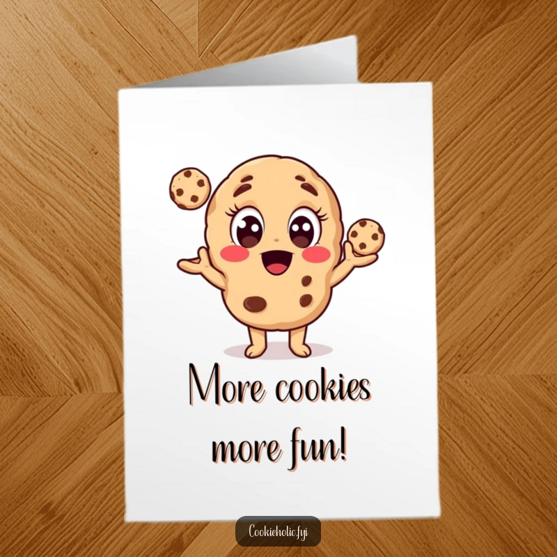 Funny Free Printable Birthday Card: Excited cookie character juggling three tiny cookies, perfect for a fun DIY gift.