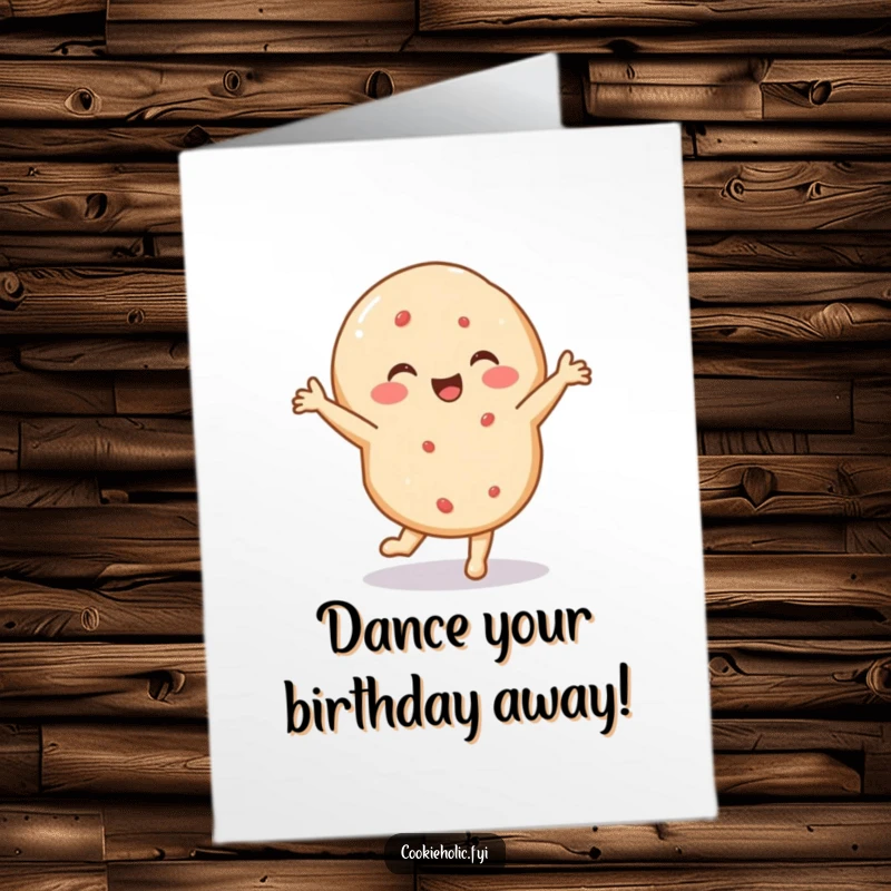 Funny Free Printable Birthday Card: Delighted sugar cookie performing a small, energetic dance move, celebrating merrily
