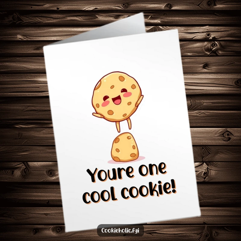 Funny Free Printable Cookie Birthday Card featuring a delighted cookie character expertly balancing on its edge, ready to party.