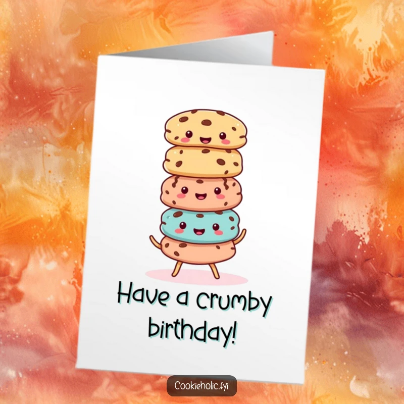 Funny Free Printable Birthday Card Featuring a Stack of Kawaii Cookies in a Joyful Balancing Act