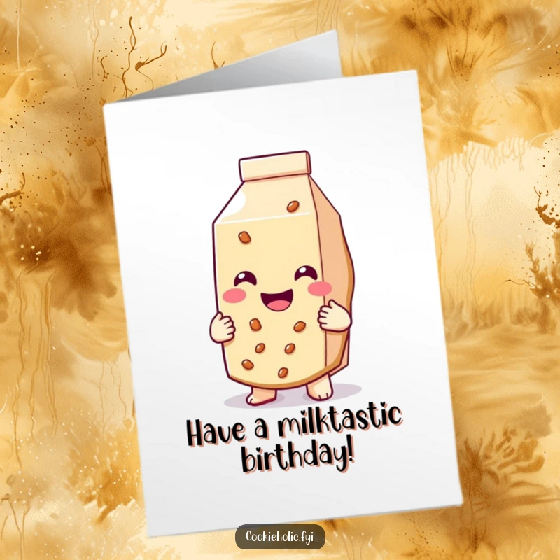 Funny free printable birthday card shows a cookie with a huge smile hugging a milk carton.