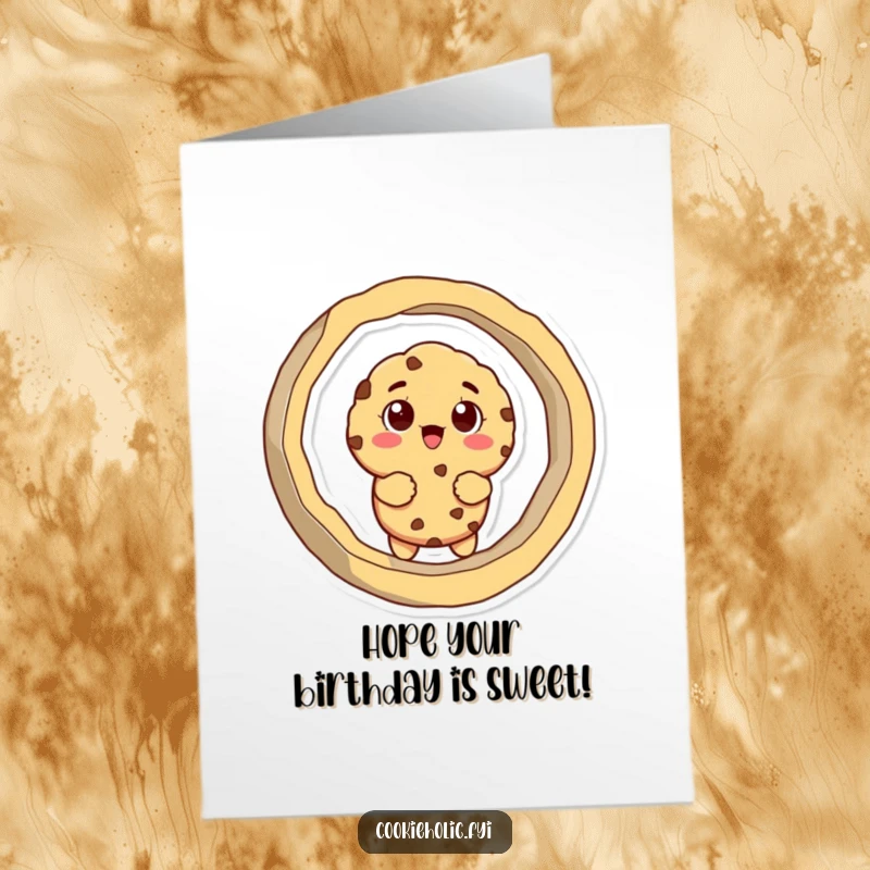 Funny Free Printable Birthday Card: Cookie character comically trapped in a giant cookie cutter, looking surprised and amused, DIY gift.