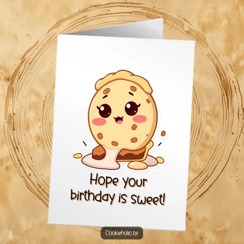 Funny Free Printable Birthday Card: Cookie character with a surprised face falls comically into a pie, wishing happy birthday.