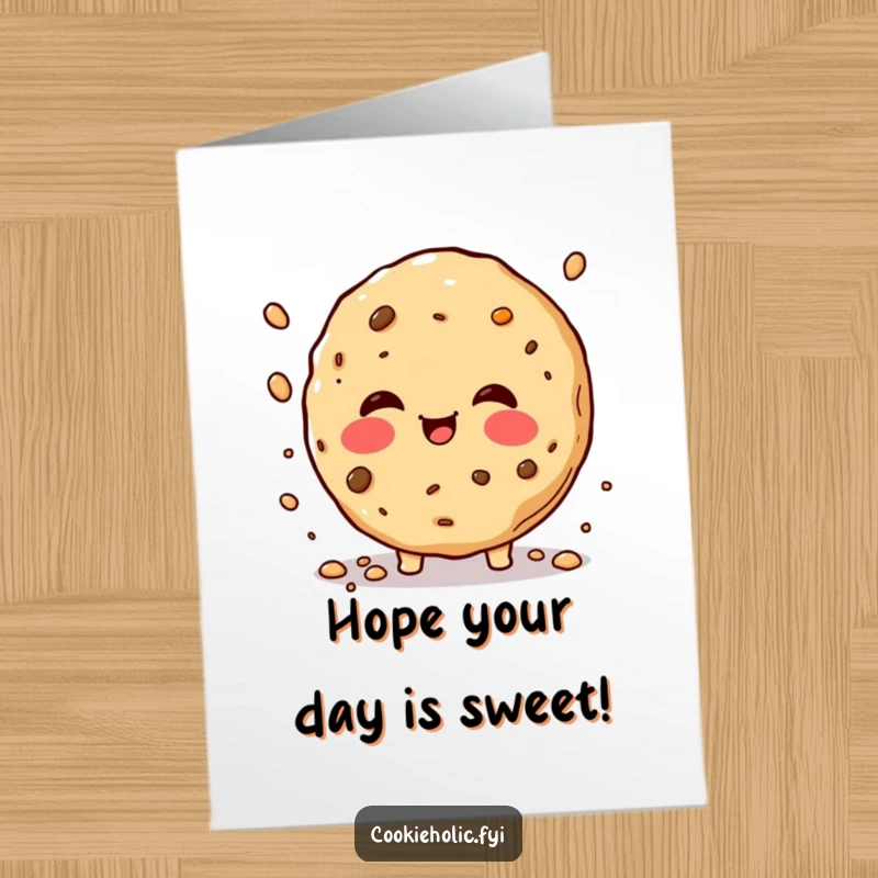 Funny Free Printable Birthday Card Featuring a Cookie with Rosy Cheeks Joyfully Sprinkling Crumbs