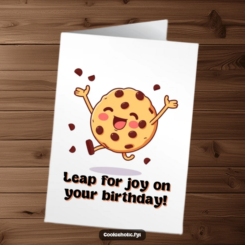 Funny free printable birthday card featuring a cookie with chocolate chips mid-leap, radiating pure joy.