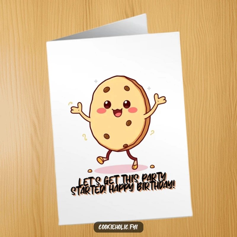 Funny Free Printable Birthday Card: Kawaii cookie doing a silly, energetic jig with crumbs flying.