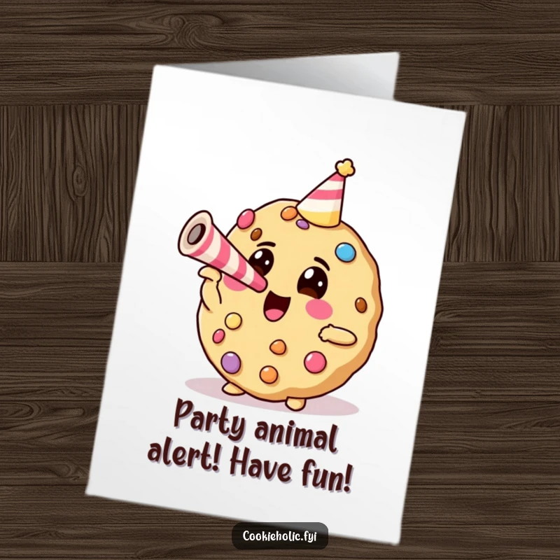 Funny free printable birthday card featuring a candy-decorated cookie enthusiastically blowing a party horn, ready to celebrate.