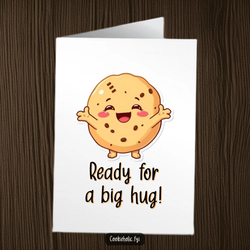 Funny Free Printable Birthday Card featuring a cookie with a huge smile and outstretched arms, offering a warm, inviting hug.