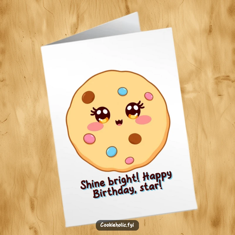 Funny Free Printable Birthday Card: Kawaii cookie with eyes sparkling like vibrant candy decorations.