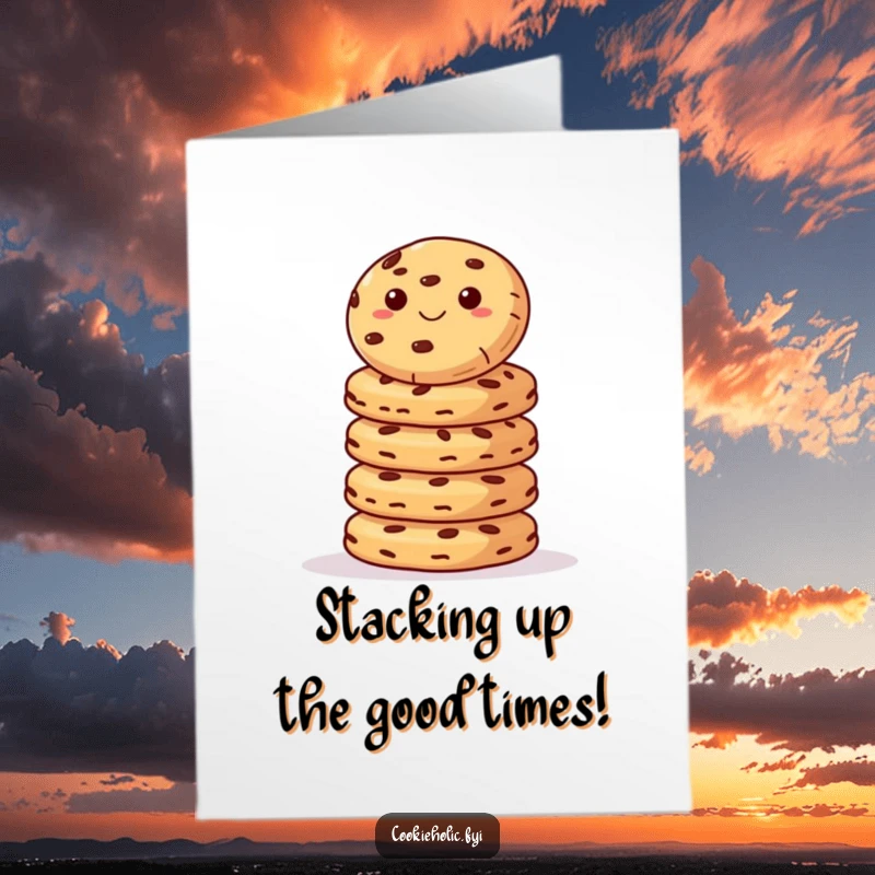 Funny Free Printable Birthday Card: A cookie precariously balanced on a towering stack of delicious cookies, ready to celebrate.