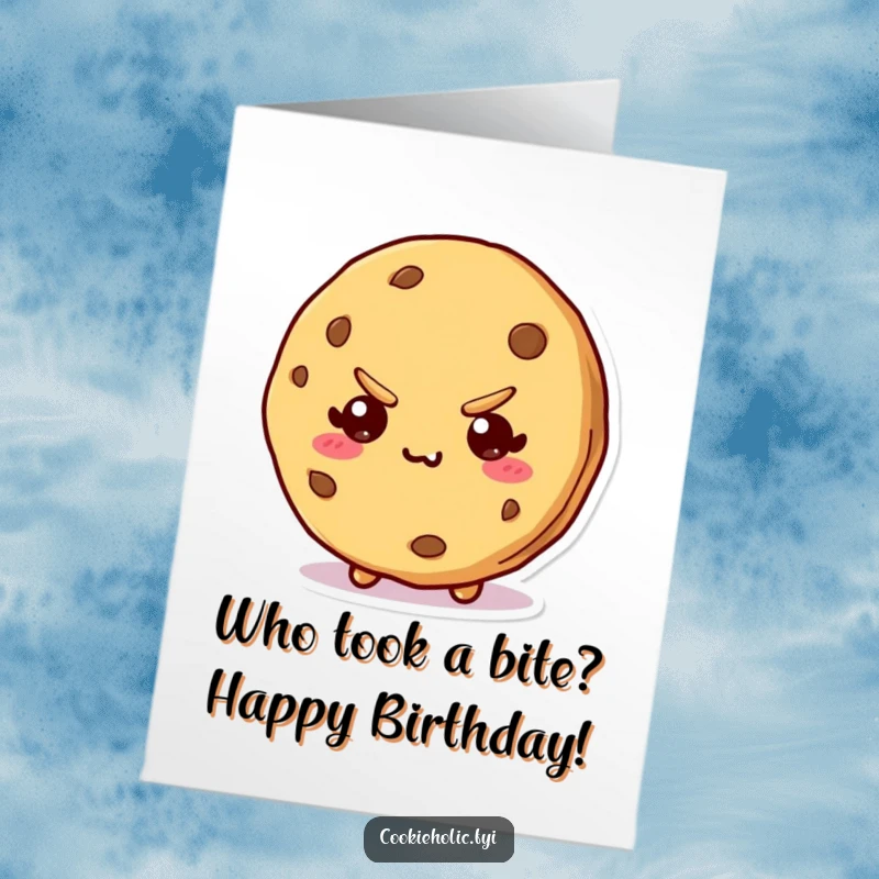 Funny Free Printable Birthday Card: Kawaii cookie with a mischievous grin and a missing bite.