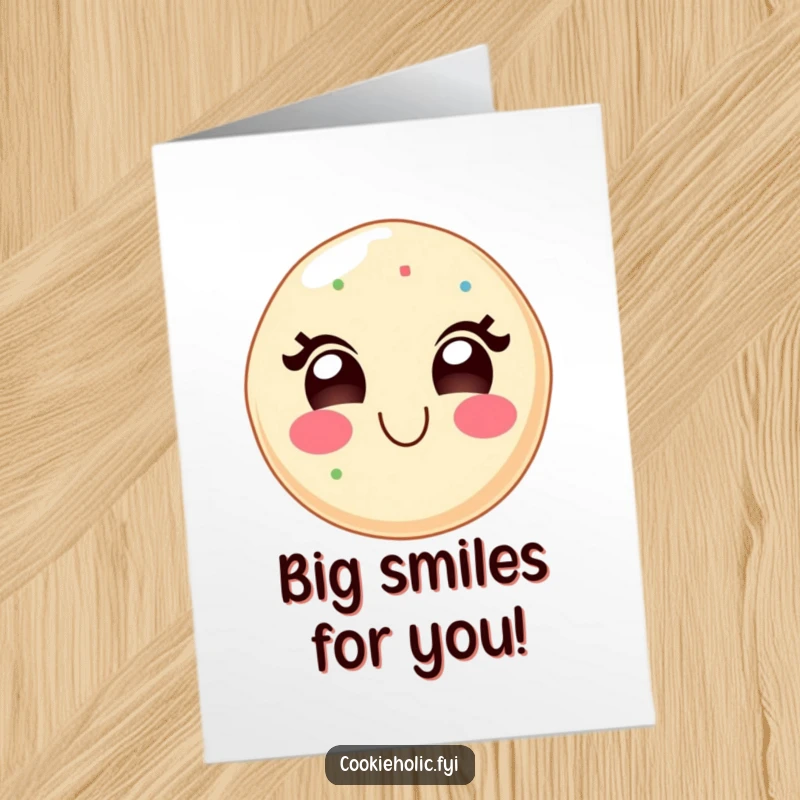 Funny Free Printable Congrats Card: Kawaii sugar cookie character beaming with a wide, delighted grin after a success.
