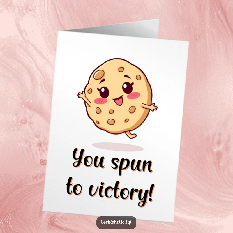 Funny Free Printable Congratulations Card of a goofy cookie character mid-spin, expressing pure celebratory joy and silliness.